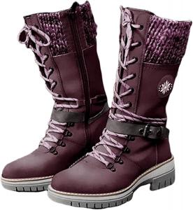 Женские вязаные сапоги средней длины до икры, зимние теплые, на шнуровке, для улицы, повседневные ковбойские сапоги, с круглым носком, нарядные зимние ботильоны Generic, Purple