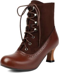 Викторианские женские ботинки на шнуровке с перфорацией, невысокий каблук, круглый носок, винтажные ботильоны для повседневной носки, вечеринок и косплея EDEELVEEYS, Brown