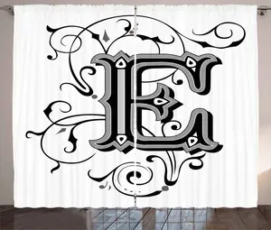 Штора ABAKUHAUS "List E" в деревенском стиле, с заглавными буквами и завитками, универсальная ленточная штора для гостиной с петлями и крючками, 280 x 245 см, цвет: черный, белый, серый Abakuhaus