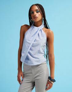 Топ из поплина с завязками на спине и халтер-воротником ASOS DESIGN в полоску