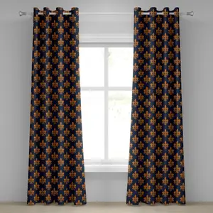 Штора на люверсах ABAKUHAUS Флер де Лис, викторианский цветочный узор оранжевого цвета с вьющимися узорами - готическая эпоха, декоративные двухпанельные шторы, 280 см x 260 см, темно-синий, оранжевый цвет Abakuhaus