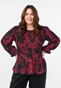 Блуза Zizzi MIT SMOCK UND LANGEN ÄRMELN, Black W/Red Leaf/Mottled Black