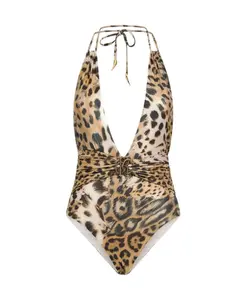 Слитный купальник с принтом под кожу ягуара Roberto Cavalli, коричневый