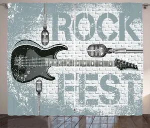 Штора ABAKUHAUS "Рок-музыка" в деревенском стиле, гитара на кирпичной стене, универсальная, с петлями и крючками, для гостиной, 280 x 245 см, цвет: сине-серый, черно-серый Abakuhaus