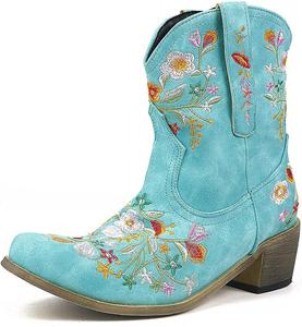 Женские ковбойские ботинки, женские короткие ботильоны с вышивкой цветов, женские ковбойские ботинки с заостренным носком и низким массивным каблуком, винтажные короткие ботинки, женская мода, ретро-кантри обувь Generic, синий