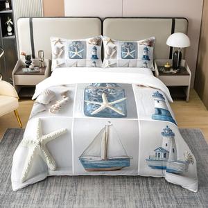 Erosebridal Комплект постельного белья Starfish Shell Duvet Cover из 100% хлопка в морском стиле с принтом парусников и морских обитателей, Blue