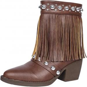 Женские ковбойские сапоги с бахромой, массивным каблуком с заклепками, до середины голени, стиль вестерн, идеально подходят для фестивалей кантри-музыки Generic, Brown