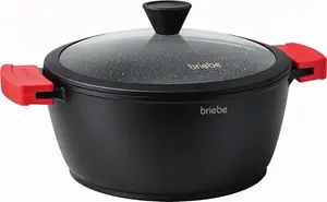 Кастрюля Black Titanium, совместимая с индукционной плитой, литой алюминиевой кастрюлей диаметром 20 см, без ПФОК, стеклянной крышкой, черного цвета Briebe