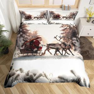Erosebridal Комплект постельного белья с новогодним принтом Санта Клаус и олени в зимнем лесу, Red Brown