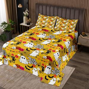 Erosebridal Комплект постельного белья с принтом паутины, летучих мышей и тыкв в готическом стиле, White Black Yellow