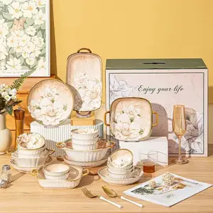 Ceramics Набор посуды Vintage Camellia на 6 персон: 21 предмет — миски, тарелки, палочки в подарочной коробке