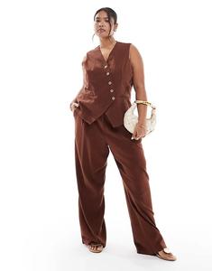 Льняные брюки Vero Moda Curve со складками спереди, широкие штанины, шоколадного цвета