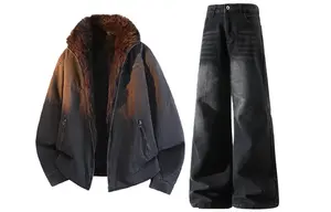 Повседневный спортивный костюм Unisex с лацканами, утолщенный и с флисовой подкладкой X1617, темно-коричневый puffer jacket+черный fleece-lined pants