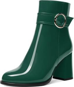 Женские ботильоны NUMALEO из лакированной кожи с повседневной молнией, для свиданий, с ремешком на щиколотке, круглым носком, пряжкой, массивным каблуком 3,3 дюйма, Dark Green