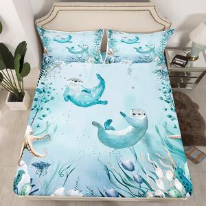 Erosebridal Фиттед простыня Sea Otter в бирюзово-синем цвете с морским принтом, подводные существа, кавай дизайн, Teal,light Blue,sandy Beige