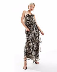 Длинное многоярусное платье Pieces с оборками и корсажем с леопардовым принтом