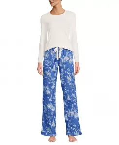 Женский подарочный набор пижамы - трикотажная блузка с длинными рукавами и фланелевые брюки Lands' End, синий