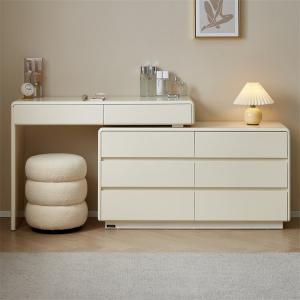 Quanu Комод для спальни из массива дерева, 6 ящиков, с приставным столиком и табуретом, цвет off-white