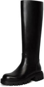 Женские высокие сапоги на платформе до колена, комфортные, эластичные, с круглым носком, массивным каблуком, высокие сапоги с боковой молнией, платье, повседневные длинные верховые сапоги Bouwno, Black