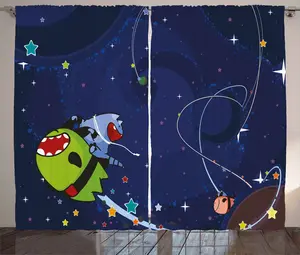 Штора для спальни ABAKUHAUS "Кошка в деревенском стиле", мультяшный котенок-инопланетянин, присборенная, с петлями и крючками, 280 x 175 см, цвет: зеленый, коричневый, темно-синий Abakuhaus