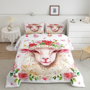 Erosebridal Комплект постельного белья Goat Sheep с милыми альпаками и ламами в розовых цветах, Pink Red Green White