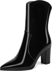 Женские ботильоны MOVINSTEPS в ковбойском стиле с закрытым носком, модные, с боковой молнией, из лакированной кожи, массивный высокий каблук, средняя голень, каблук 3,3 дюйма, Black