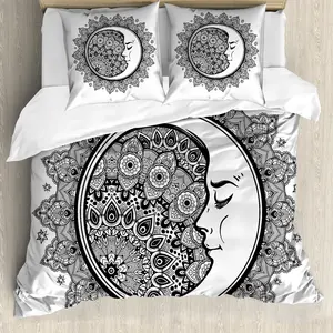 Пододеяльник ABAKUHAUS с рисунком зодиака, мандала, луна, богемный, с защитой от клещей, подходит для аллергиков, с наволочками, 200 x 200 см - 80 x 80 см, черно-белый Abakuhaus