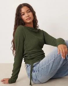 Текстурированный лонгслив ASOS DESIGN с длинными рукавами и завязками по бокам, цвет хаки