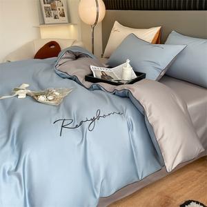 Yalu Комплект постельного белья 1,5 м, 4 предмета: пододеяльник 200x230 см, простыня на резинке, 2 наволочки, 60-нит. сатин, цвет светлый люкс — хайсуй + светло-серый