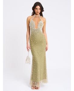 Женское платье Ginny Pear зеленого цвета с жемчужной отделкой и открытой спиной Miss Circle, Green