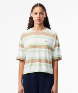 Укороченная футболка оверсайз из вискозы в смешанную полоску с короткими рукавами