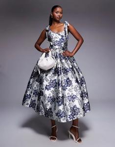 Платье миди ASOS LUXE из жаккарда с пышной юбкой и синим цветочным принтом