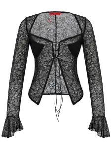 Черный кружевной топ с длинными рукавами PCFG