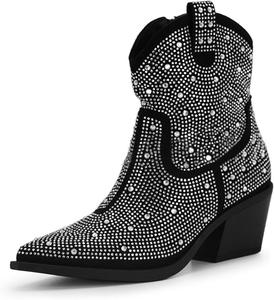 Женские ботильоны-ковбойки со стразами, заостренный носок, широкий каблук, боковая молния, блестящие, стиль вестерн, ковбойские, для вечеринок, модные, повседневные, с блестками, для широкой голени AngryMonkey, Black