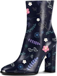 Женские ботильоны Zszszsu с закрытым носком, массивным высоким каблуком, боковой молнией, стильные короткие ботинки для повседневной носки и вечеринок, размеры 4-16 US, Cartoon Floral Print