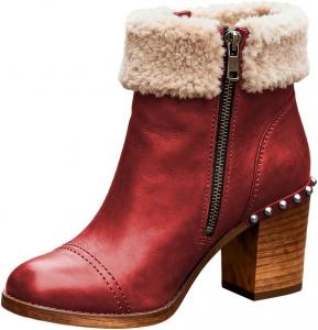 Женские зимние ботильоны XYD с круглым носком, мехом, боковой молнией и невысоким каблуком с заклепками, теплые повседневные туфли, Red