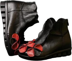 Женские ботильоны на низком массивном каблуке из натуральной кожи с цветочным декором, на молнии или без застежки, повседневная удобная обувь для ежедневной носки, прогулок, шопинга и прогулок по улице Netehadi, Black/Red