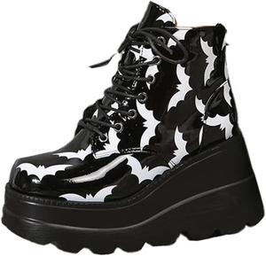 Женские готические ботильоны на танкетке с платформой, шнуровкой, молнией, боевые сапоги с пряжкой, панк заклепки, мотоциклетные ботинки на платформе Generic, Black