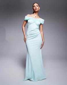 Платье макси Goddiva Fan с плиссировкой и бардо из крепа мятного цвета, выполненное из ткани в стиле «скуба».