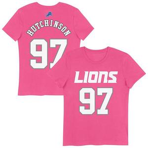 Футболка Detroit Lions с именем и номером игрока Aidan Hutchinson для девочек, розовая Nike