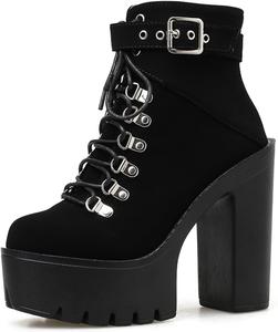 Женские черные платформенные готические ботильоны Lossarye с высоким каблуком, круглым носком, шнуровкой, ремешком и боковой молнией, модные ботильоны на каблуке