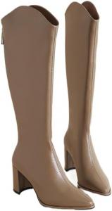 Женские высокие сапоги до колена на высоком каблуке, ковбойские сапоги с острым носком, боковой молнией, для езды на мотоцикле, с пряжкой, для вечеринок Azttoztto, Brown Plush