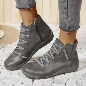 Женские ботильоны на низком каблуке, модные кроссовки, ботинки на шнуровке из винтажной кожи, слипоны на плоской подошве, короткие ботинки, женская мода, ретро, однотонная кожа, повседневная женская обувь на низком каблуке Generic, Grey-A 8.5