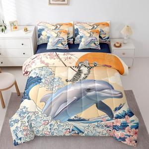 Erosebridal Комплект постельного белья Funny Cat с принтом океанских волн и дельфинов в японском стиле укиё-э, Beige Navy Grey Black