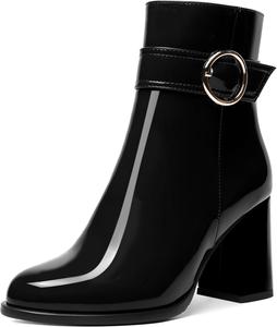 Женские ботильоны NUMALEO из лакированной кожи с повседневной молнией, для свиданий, с ремешком на щиколотке, круглым носком, пряжкой, массивным каблуком 3,3 дюйма, Black