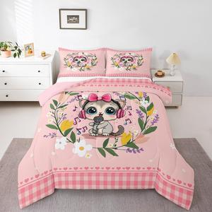 Erosebridal Комплект постельного белья Kids Cute Cat с мультяшными котиками и тропическими цветами, розовый, Multi 06