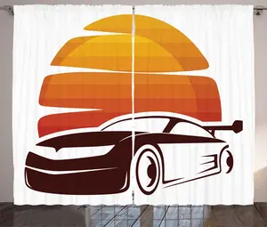 Штора ABAKUHAUS Rustic Racing Car, силуэт автомобиля и заката, универсальная ленточная штора для гостиной с петлями и крючками, 280 x 225 см, темно-оранжевый и коричневый с уплотнителем Abakuhaus