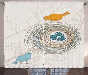 Штора ABAKUHAUS "Птица в деревенском стиле", синие яйца в птичьем гнезде, присборенная штора для спальни с петлями и крючками, 280 x 175 см, земляной желтый, светло-голубой Abakuhaus