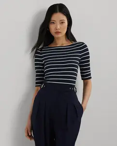 Женская полосатая футболка с французскими рукавами Lauren Ralph Lauren, темно-синий
