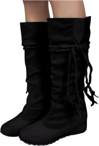 Женские сапоги Bcshiye до колена, замшевые теплые туфли на танкетке, длинные мягкие сапоги до колена, повседневные сапоги средней высоты, боевые и наезднические сапоги, Black